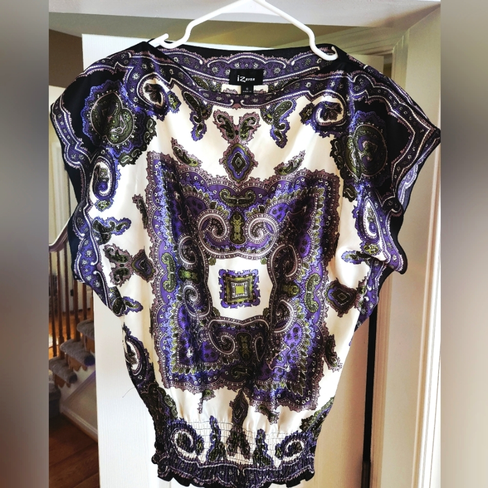 Iz Byer Women's Paisley Blouse - Purple, Black, and White